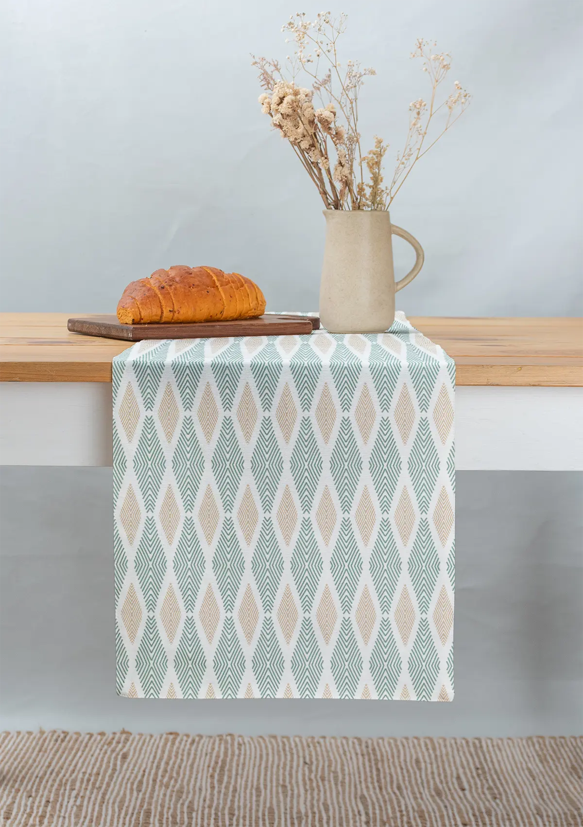 Maze 100% cotton customisable geometric table Runner for dining - Sage green