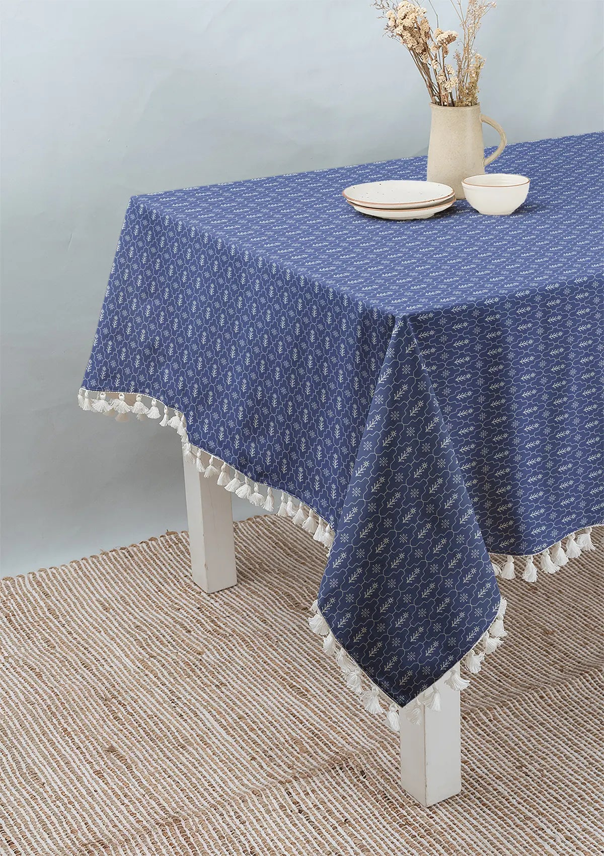 Meadow 100% cotton customisable floral table cloth for dining - indigo