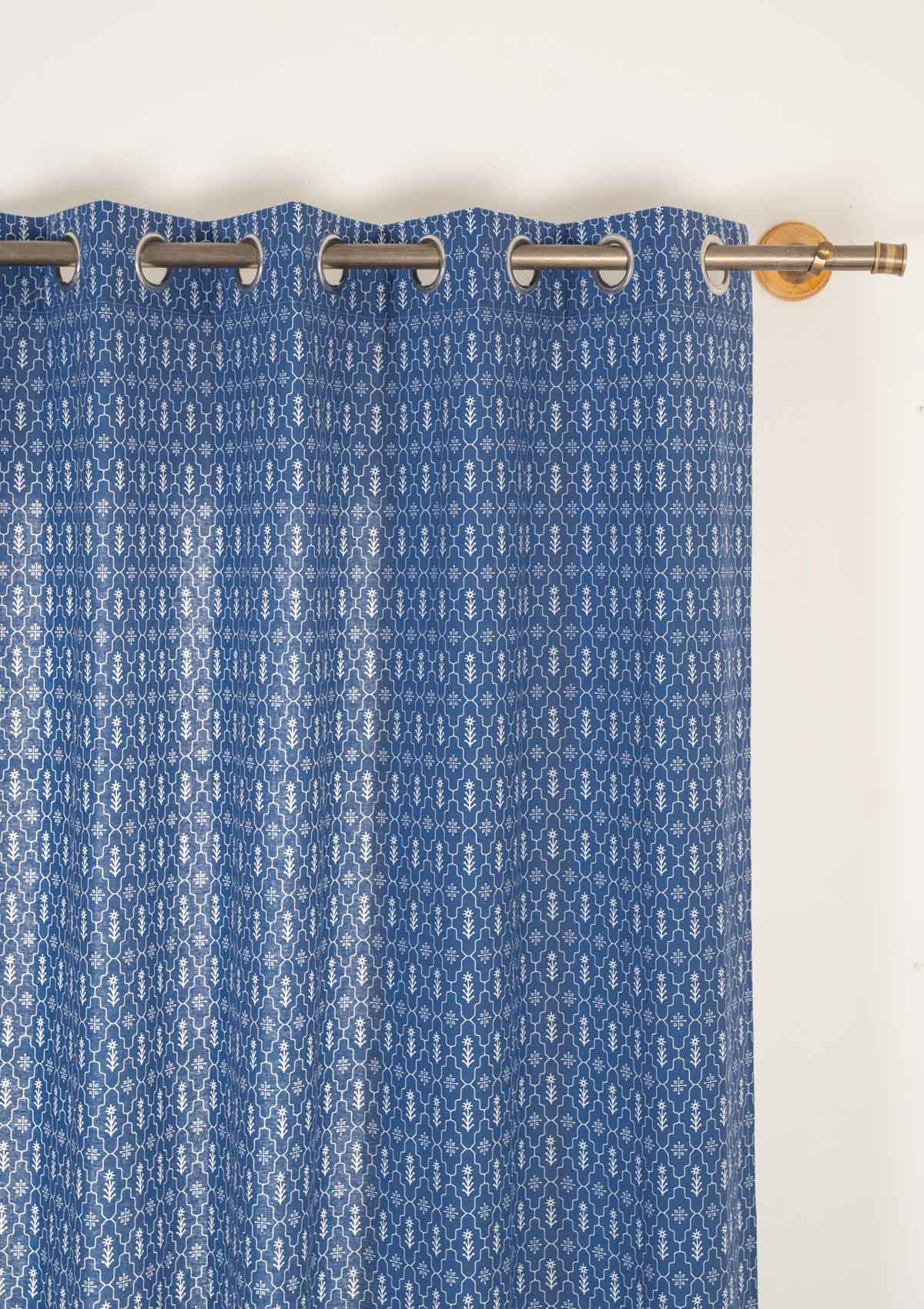 Meadows 100% cotton geometric curtain for bed room - Room darkening - Indigo - Pack of 1