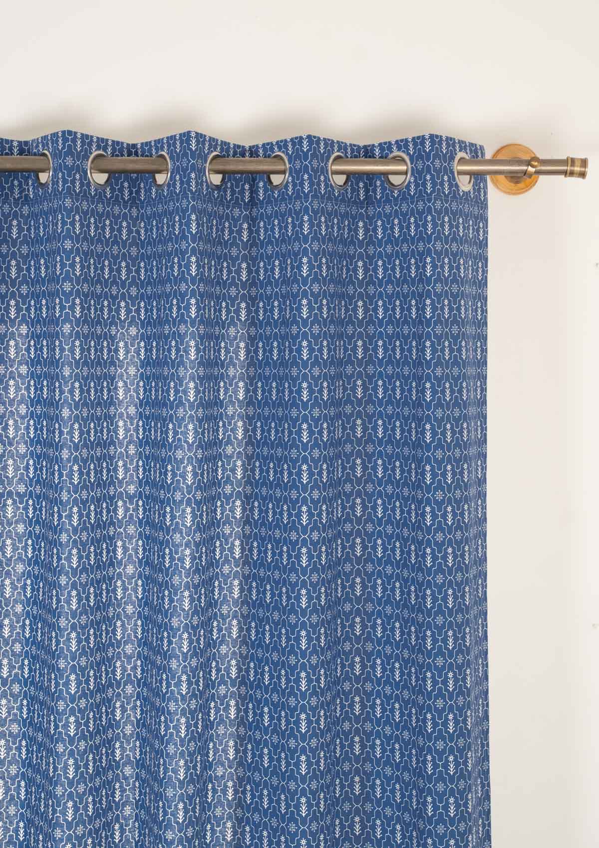 Meadows geometric printed 100% cotton curtain for bed room - Room darkening - Indigo - Single Panel