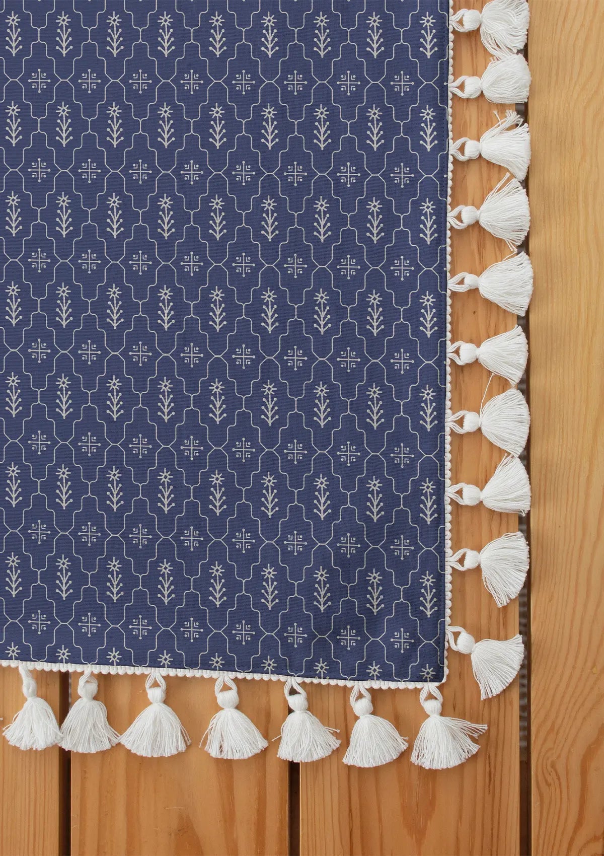 Meadows 100% cotton geomtric table cloth for 4 seater or 6 seater dining - Indigo - With tassel