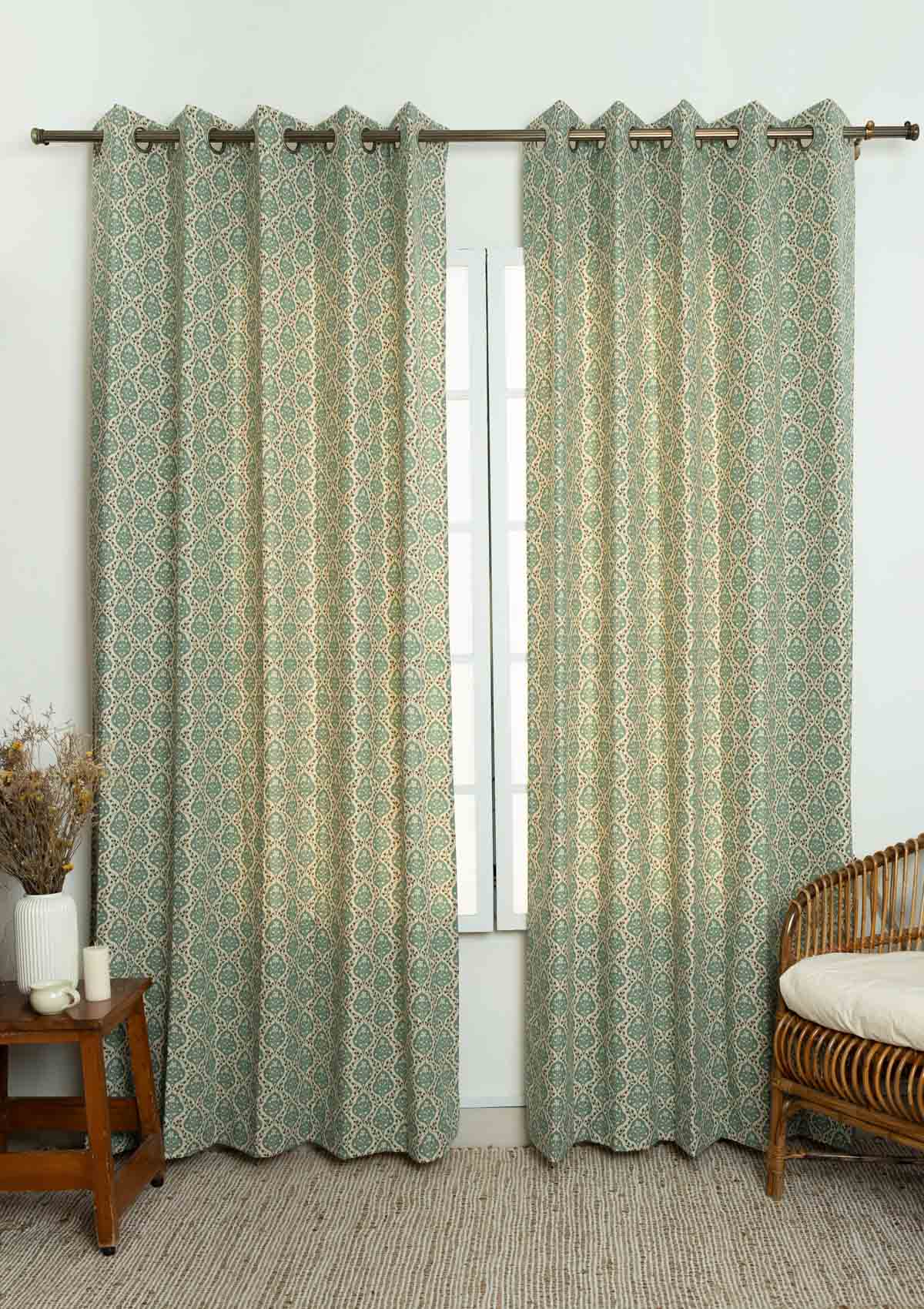 Mulbagal Geometric printed 100% Cotton Curtain for Living Room and Bedroom - Room Darkening - Sage Green- Single Panel