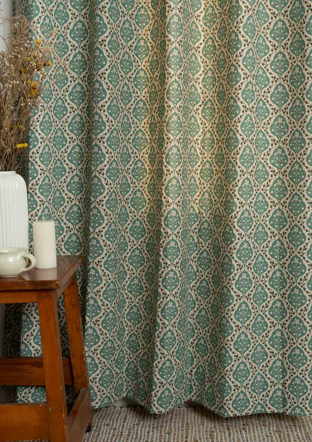 Mulbagal Geometric printed 100% Cotton Curtain for Living Room and Bedroom - Room Darkening - Sage Green- Single Panel