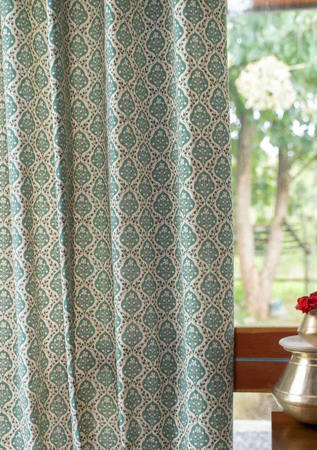 Mulbagal Geometric printed 100% Cotton Curtain for Living Room and Bedroom - Room Darkening - Sage Green- Single Panel