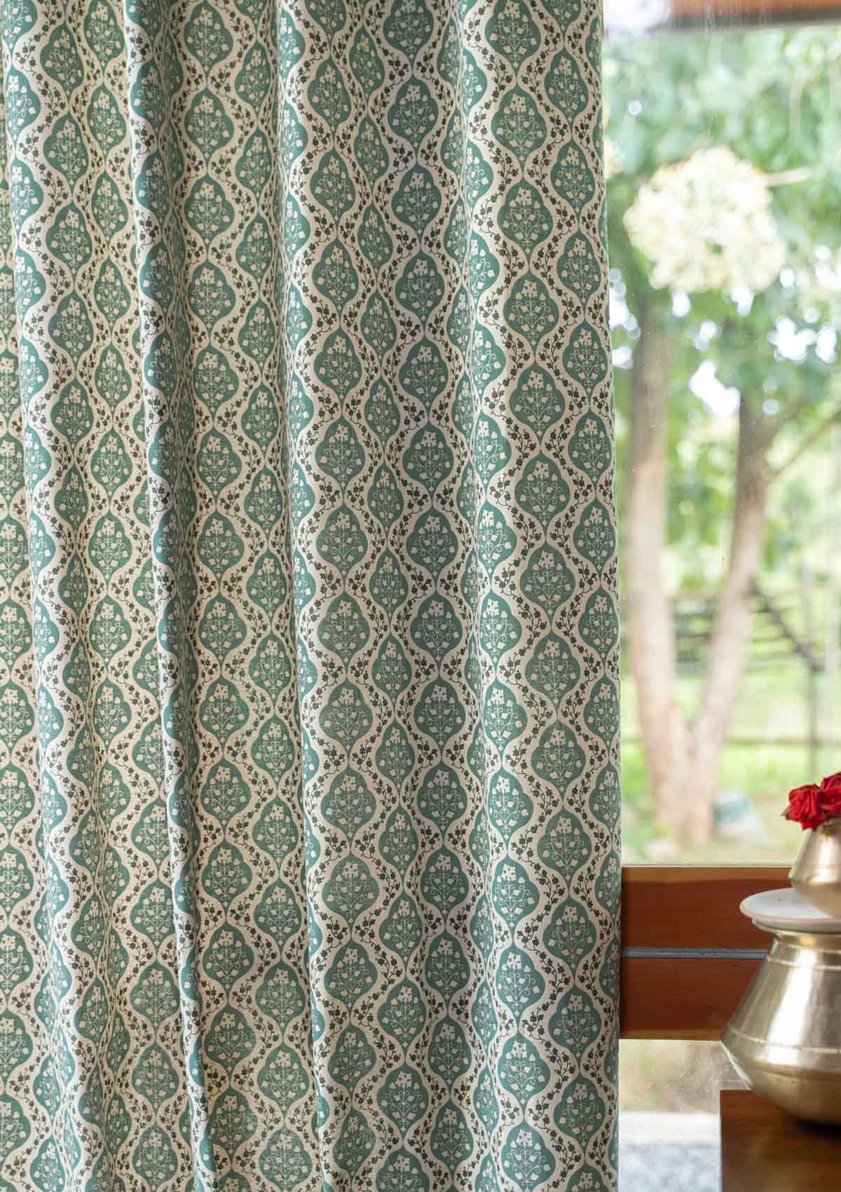 Mulbagal Geometric printed 100% Cotton Curtain for Living Room and Bedroom - Room Darkening - Sage Green- Single Panel