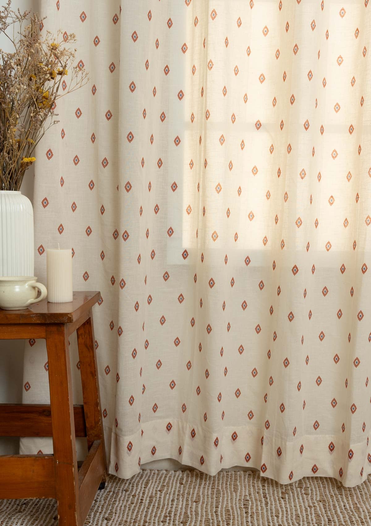 Noor floral printed 100% Cotton Sheer curtain for Living room - Light filtering - Brick Red - Single panel