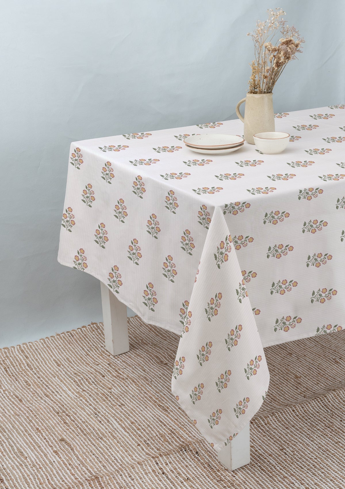 Parijatha Floral printed 100% Cotton Table cloth for 4 seater, 6 seater and 8 seater dining - Rust and Mustard