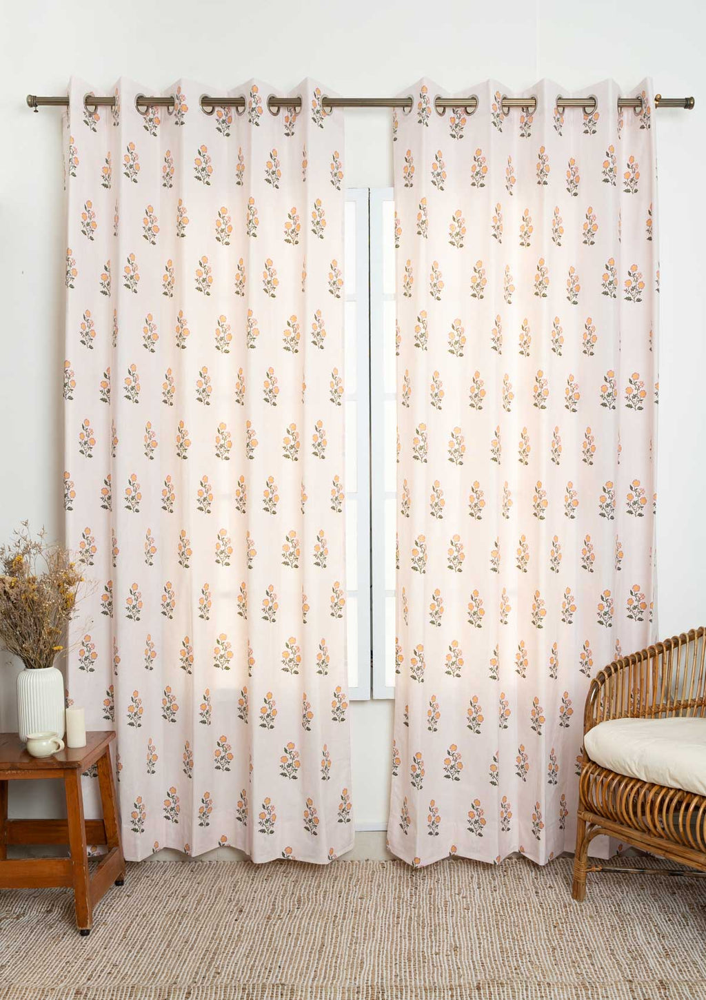 Parijatha Floral printed 100% Cotton Curtain for Living Room and Bedroom - Room Darkening - Rust and Mustard - Single Panel