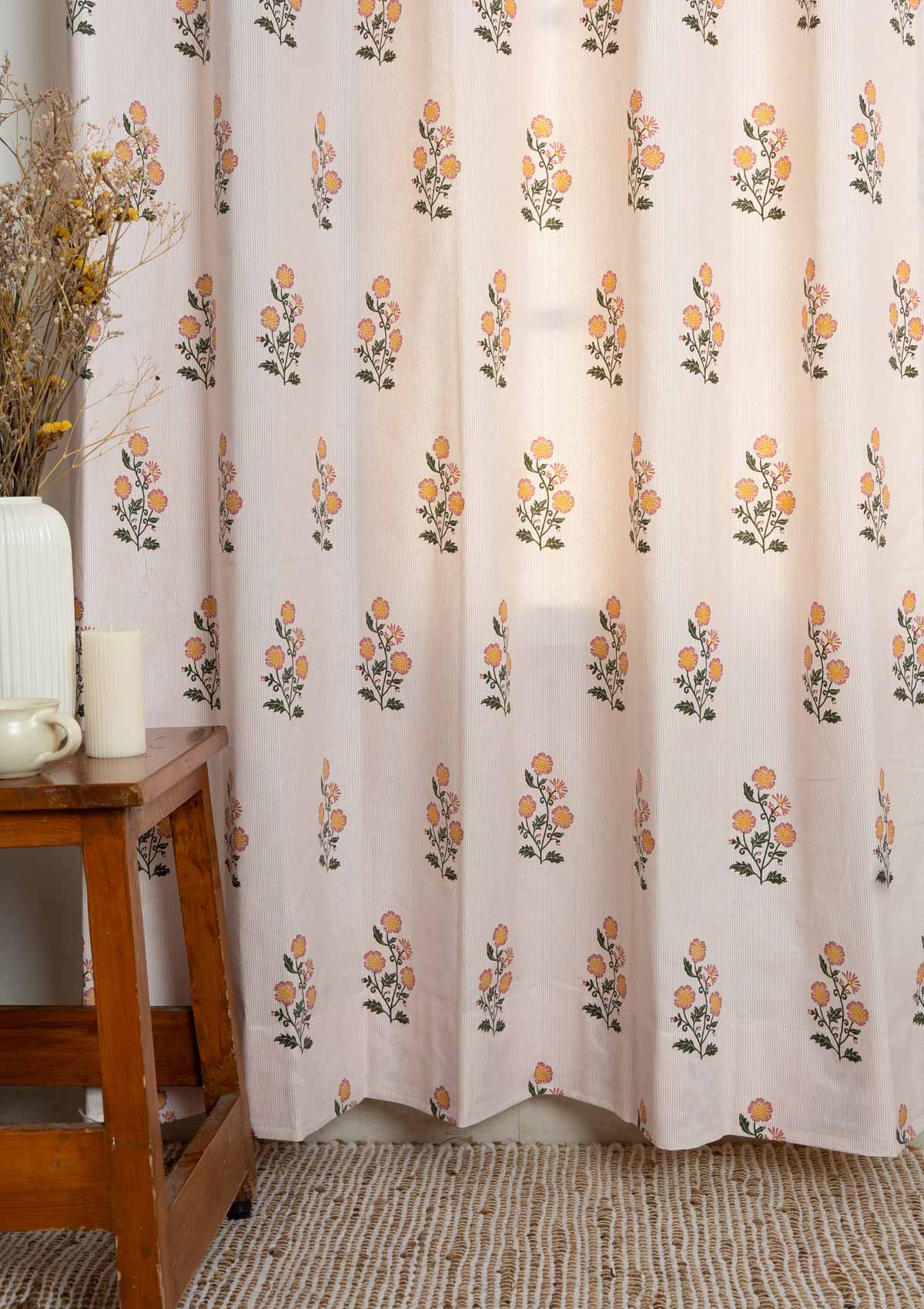 Parijatha Floral printed 100% Cotton Curtain for Living Room and Bedroom - Room Darkening - Rust and Mustard - Single Panel