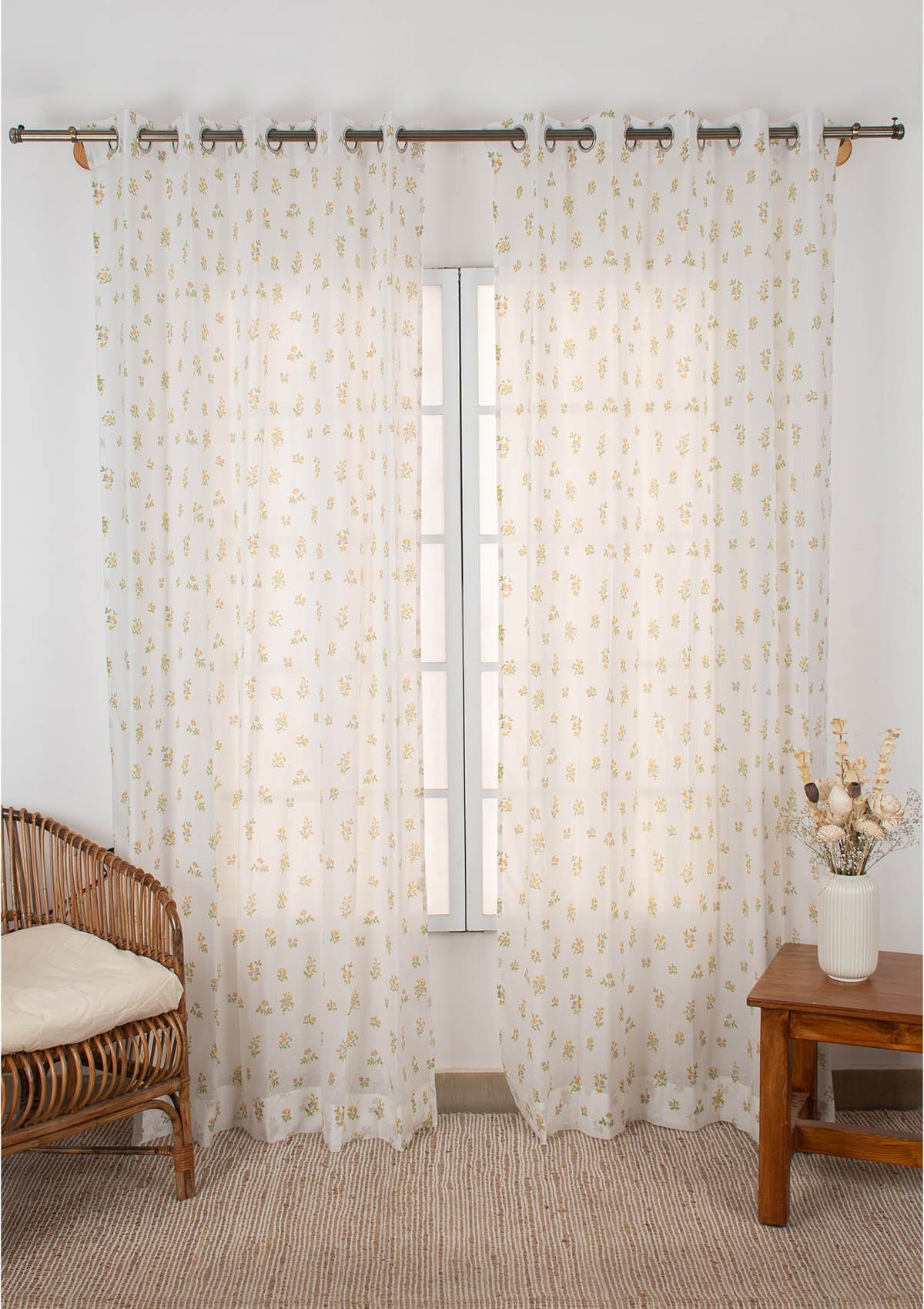 Posy minimal Floral Print 100% cotton sheer curtain for living room - Light filtering - Yellow - Single Piece