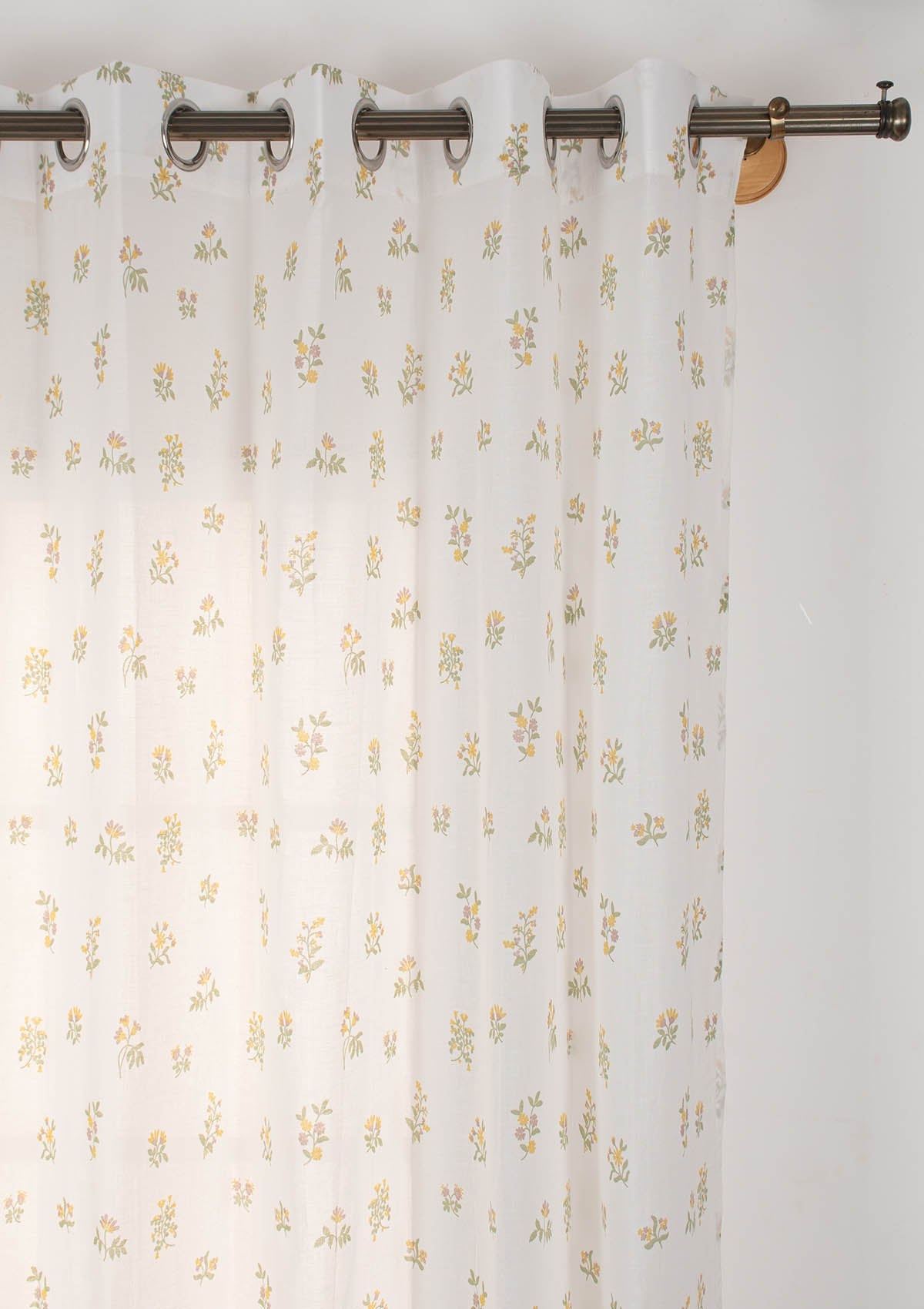 Posy minimal Floral Print 100% cotton sheer curtain for living room - Light filtering - Yellow - Single Piece