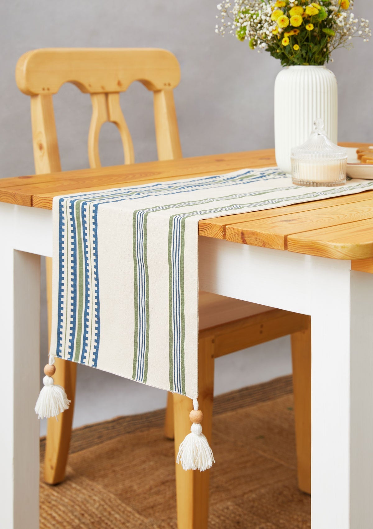 Roman stripes 100% cotton customisable geometric table Runner for dining - Pepper green & Night blue