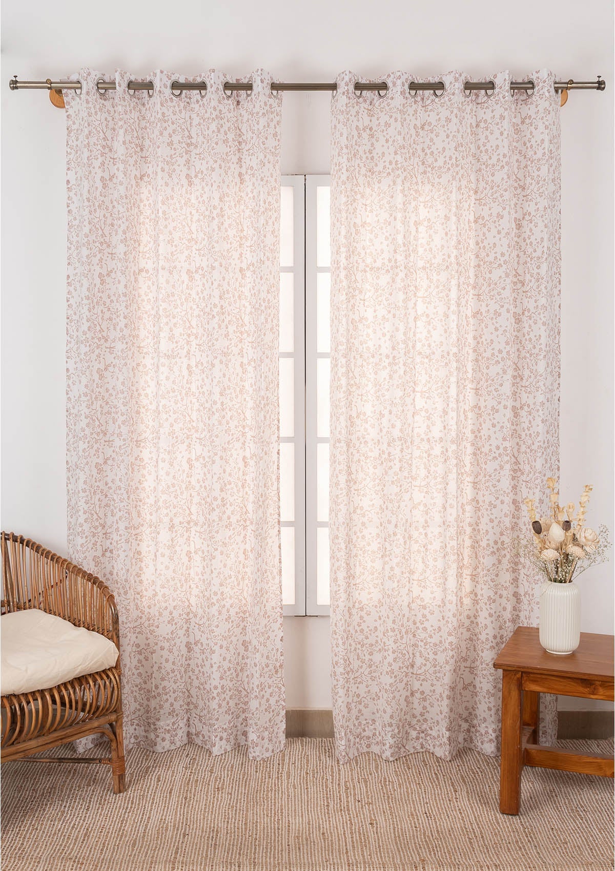 Sakura 100% Sheer Flower pattern curtain for Living room & bedroom - Light filtering - Rust - Single Piece