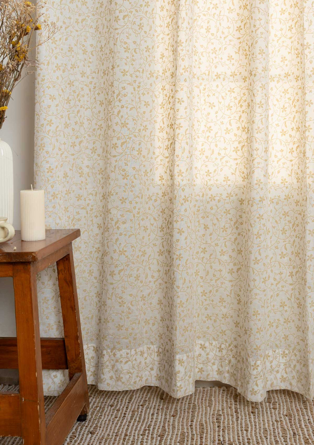 Sandalwood floral printed 100% cotton sheer curtain for living room - Light filtering - Ivory - Single Panel
