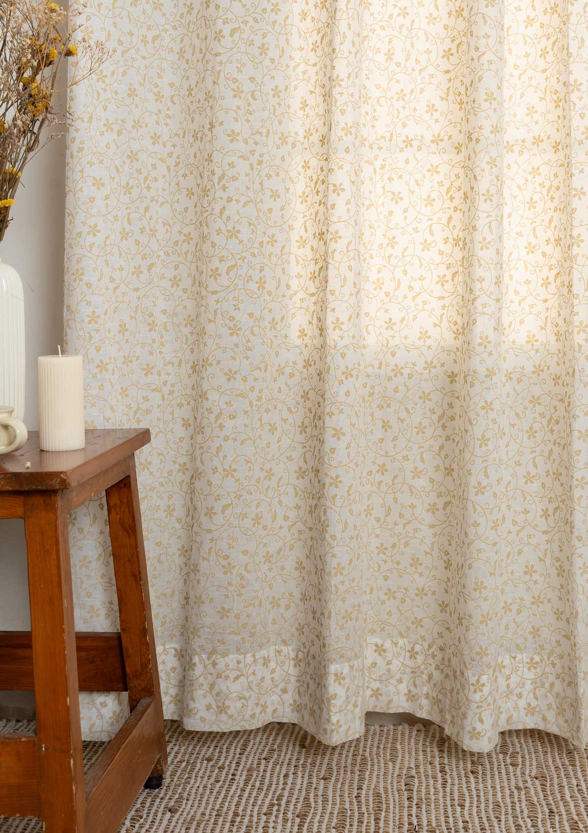 Sandalwood floral printed 100% cotton sheer curtain for living room - Light filtering - Ivory - Single Panel