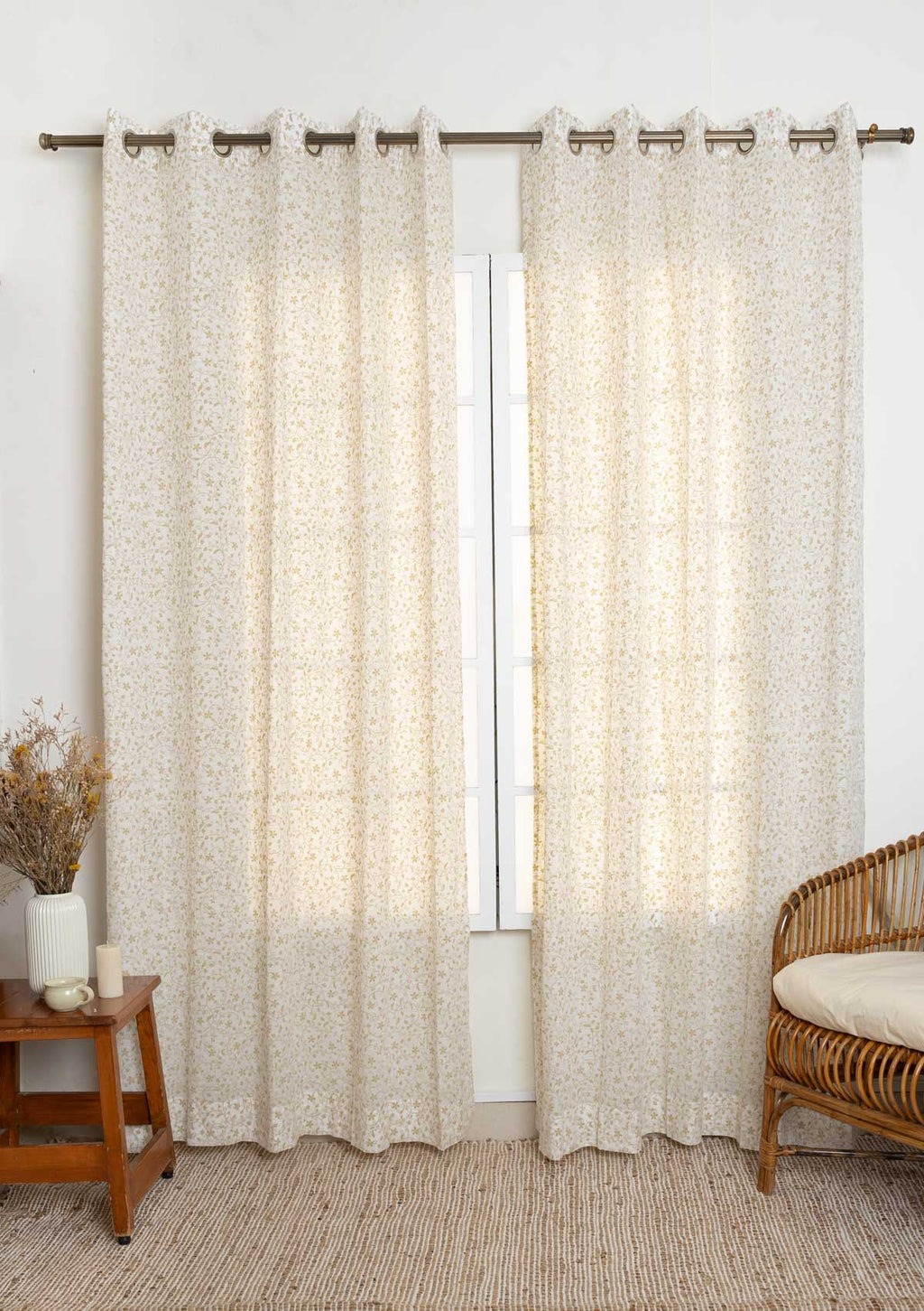 Sandalwood floral printed 100% cotton sheer curtain for living room - Light filtering - Ivory - Single Panel