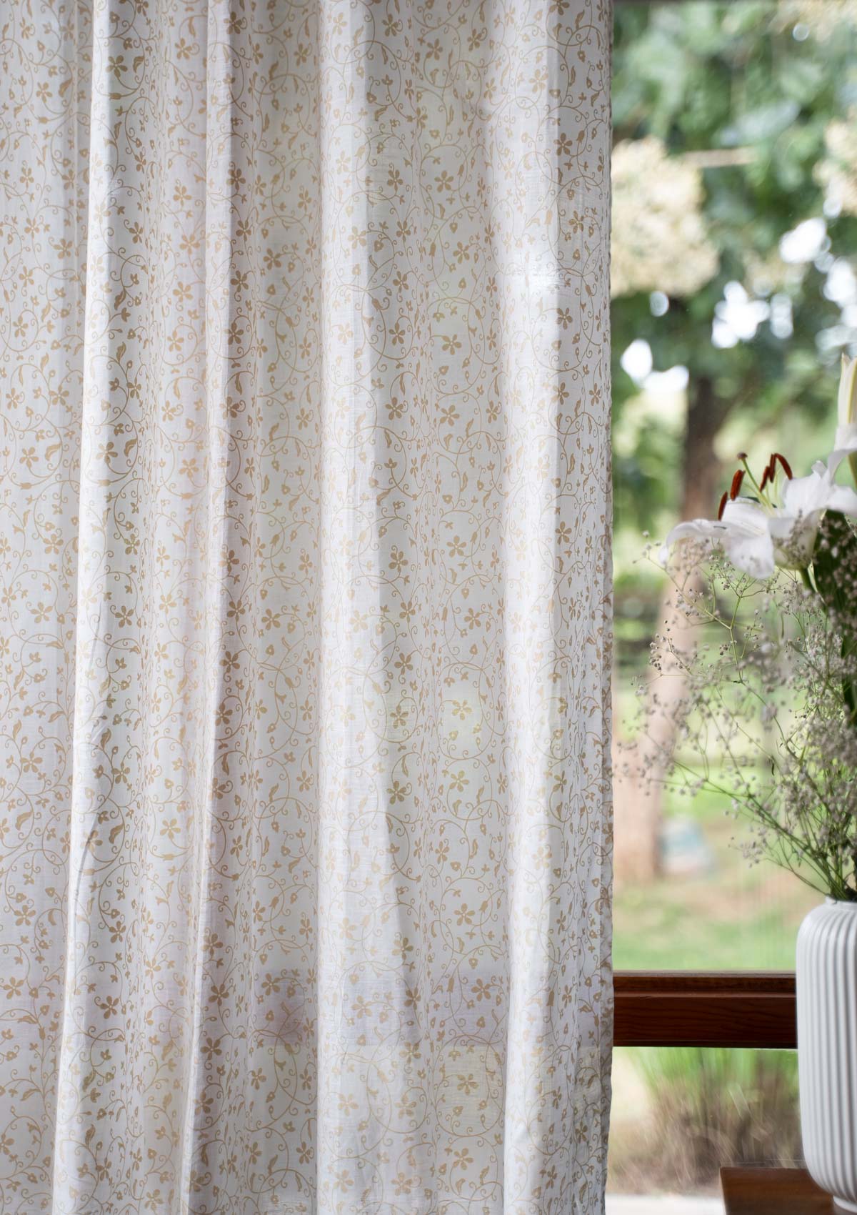 Sandalwood floral printed 100% cotton sheer curtain for living room - Light filtering - Ivory - Single Panel