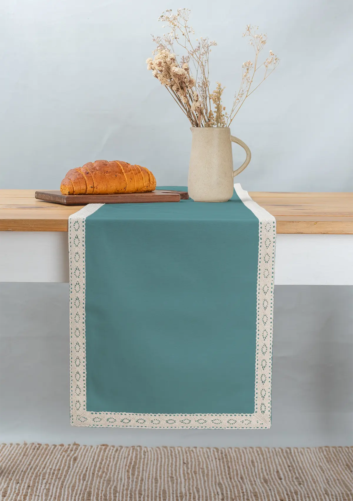 Solid aqua blue 100% cotton plain table runner for 4 seater or 6 seater dining  with lace boarder