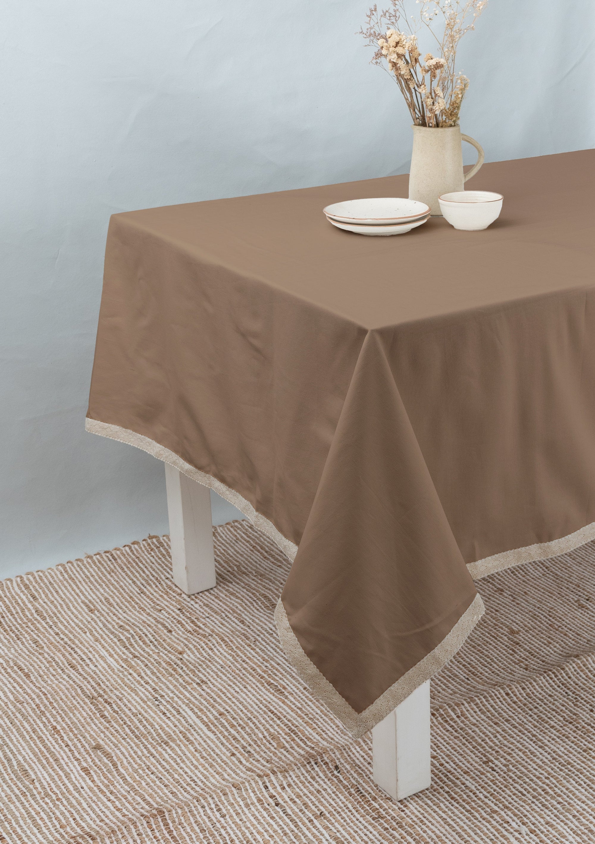 Solid colors with lace border 100% cotton table cloth for 4 seater, 6 seater, 8 seater dining table