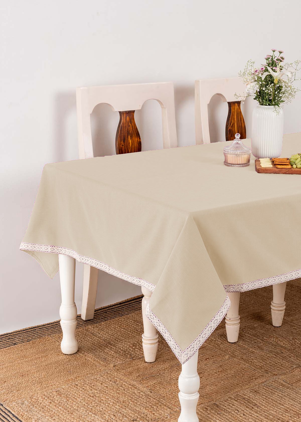 Solid colors with lace border 100% cotton table cloth for 4 seater, 6 seater, 8 seater dining table