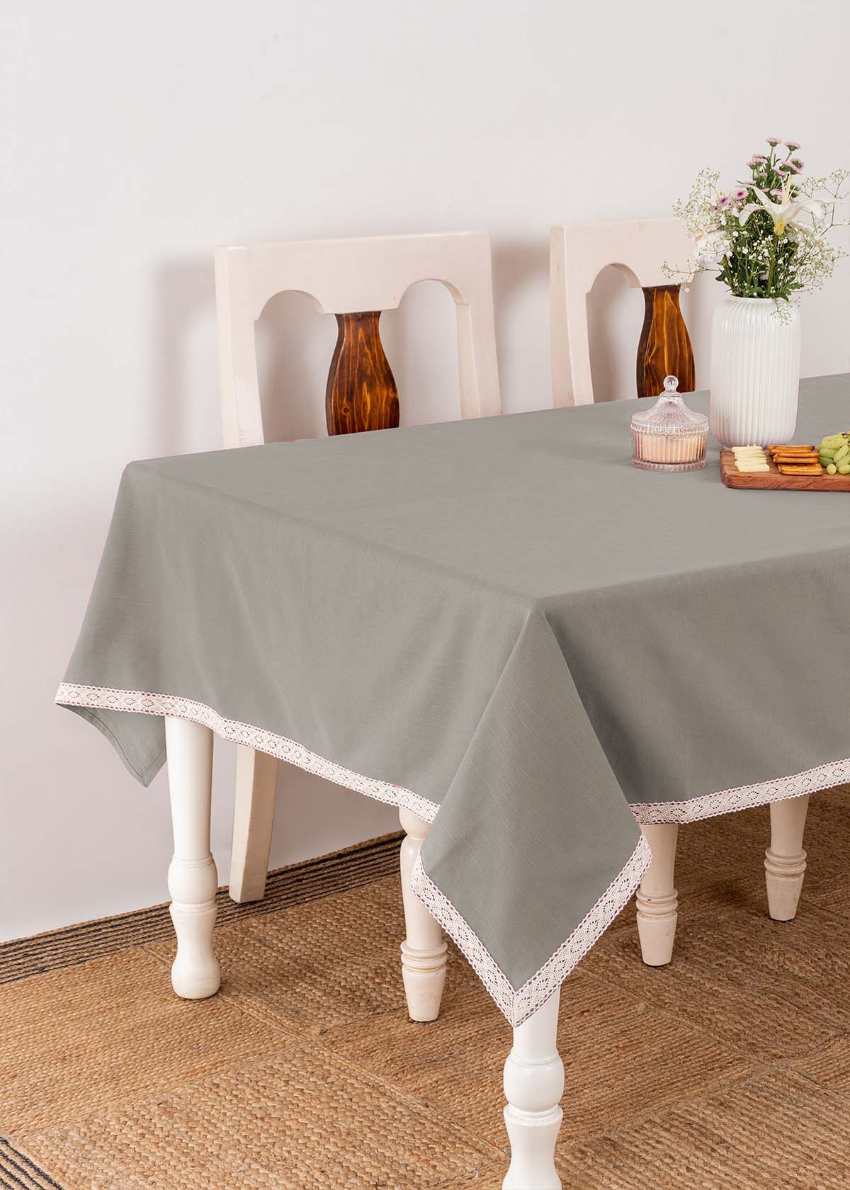 Solid Walnut Grey 100% cotton plain table cloth for 4 seater or 6 seater dining with lace border