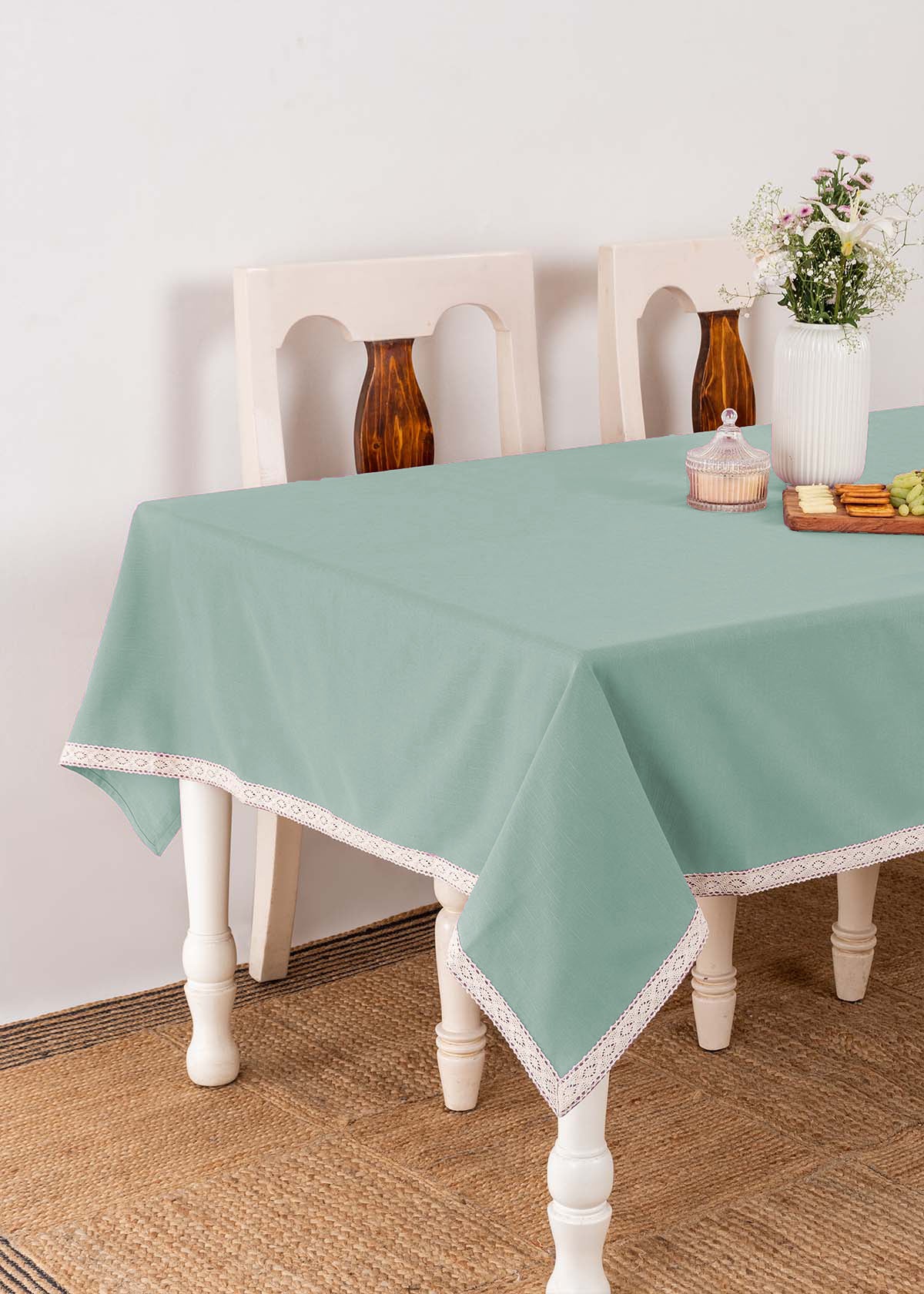 Solid colors with lace border 100% cotton table cloth for 4 seater, 6 seater, 8 seater dining table