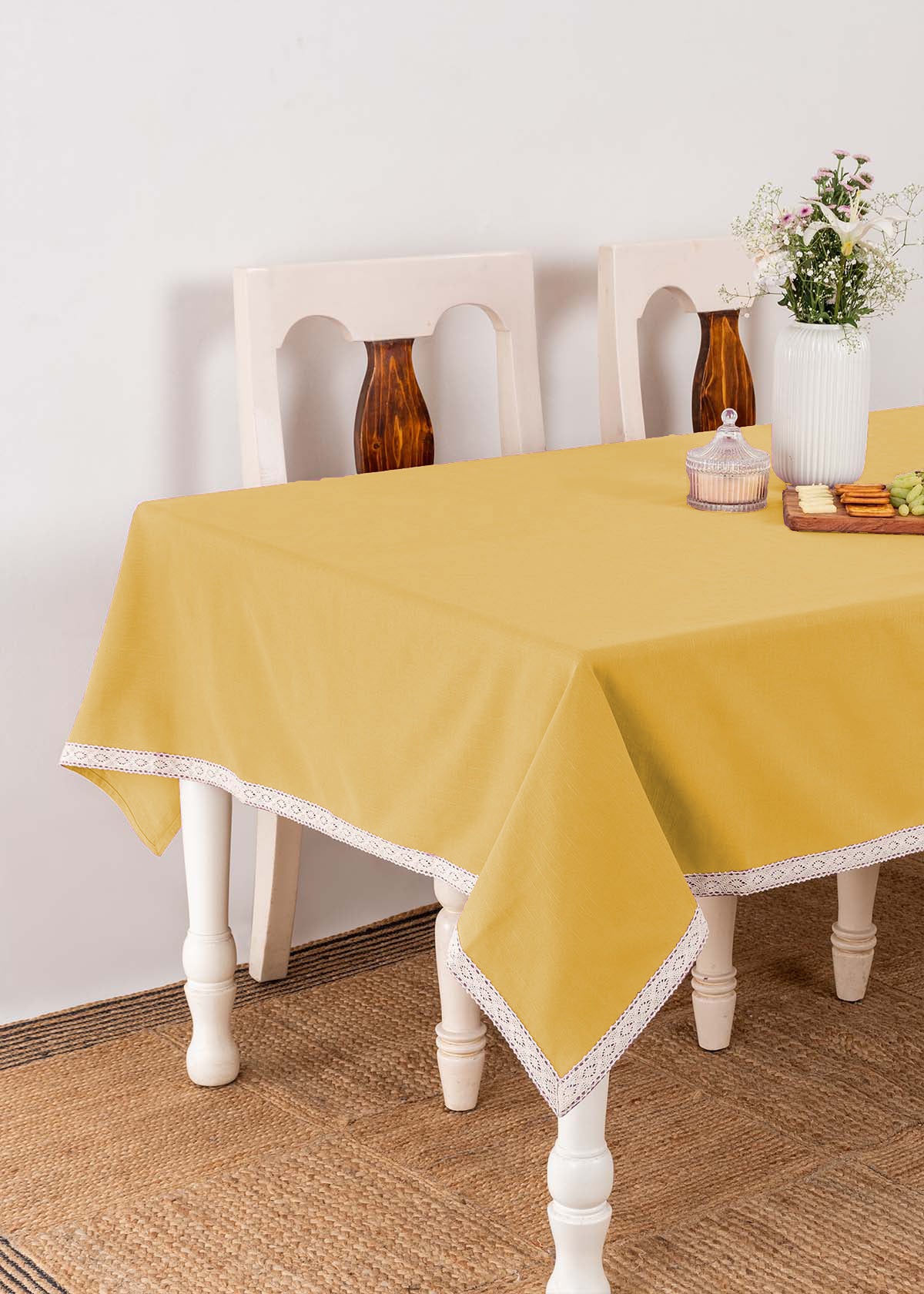 Solid colors with lace border 100% cotton table cloth for 4 seater, 6 seater, 8 seater dining table