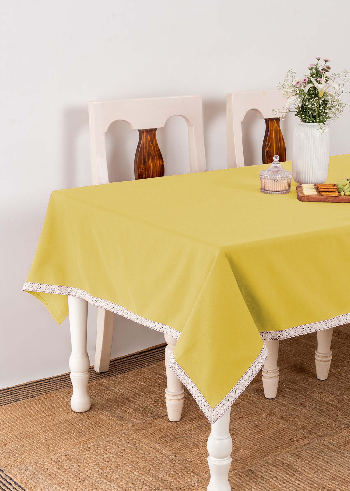 Solid colors with lace border 100% cotton table cloth for 4 seater, 6 seater, 8 seater dining table