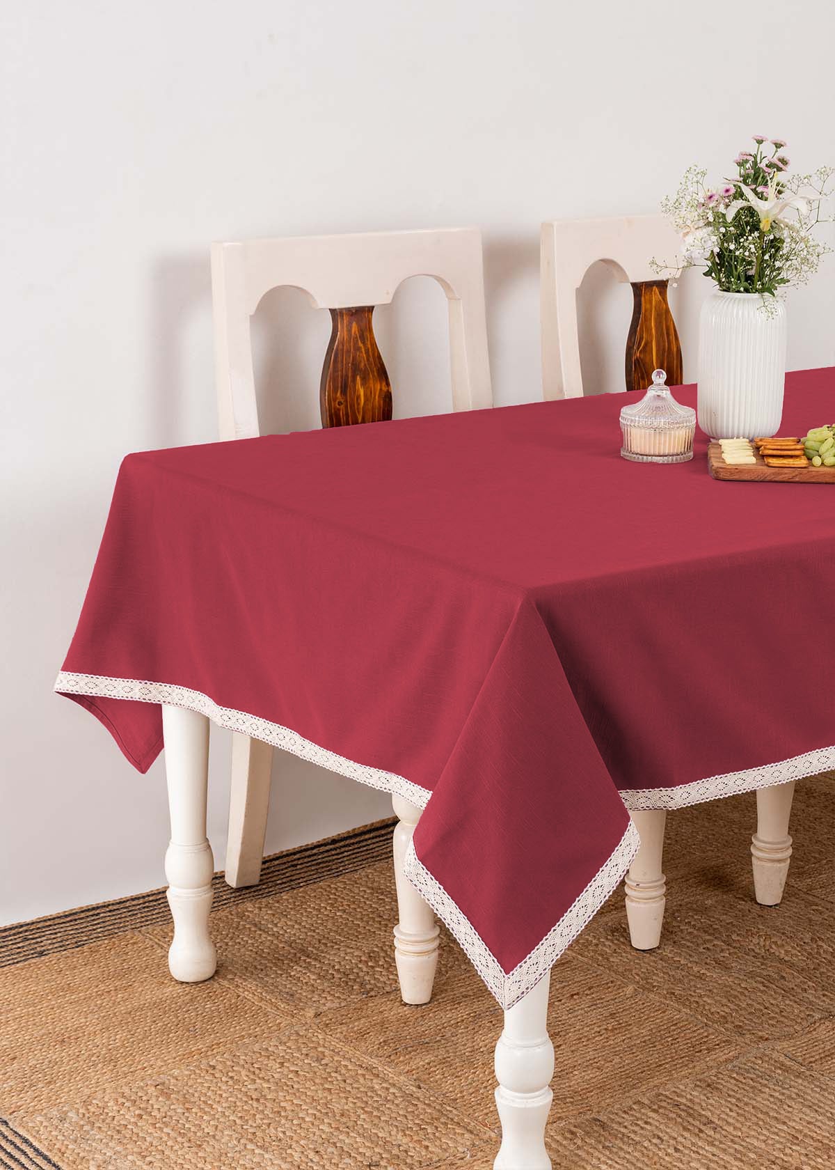 Solid colors with lace border 100% cotton table cloth for 4 seater, 6 seater, 8 seater dining table