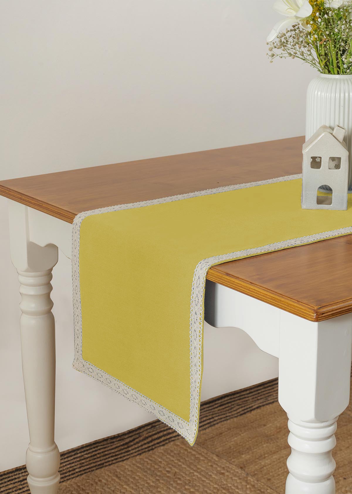 Solid Primrose yellow100% cotton plain table runner for 4 seater or 6 seater dining with lace boarder - Yellow