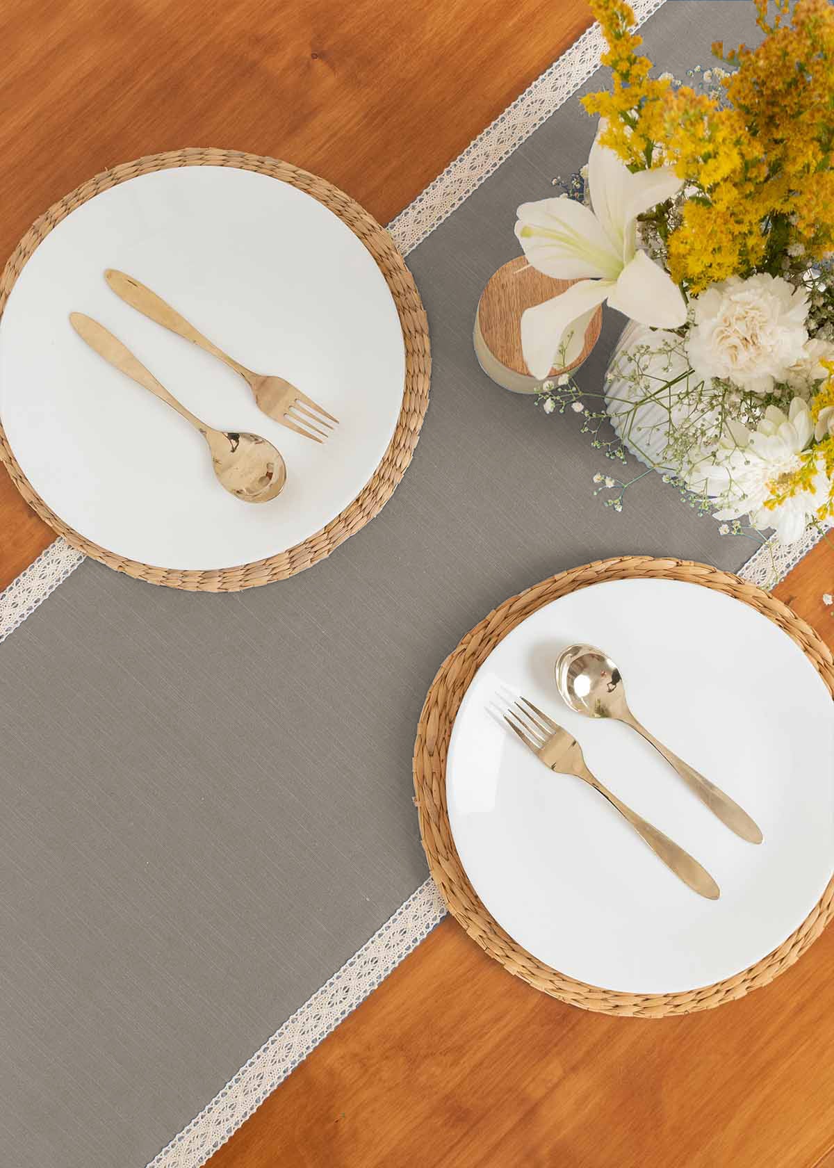 Solid Walnut Grey 100% cotton plain table runner for 4 seater or 6 seater dining with lace boarder - Grey