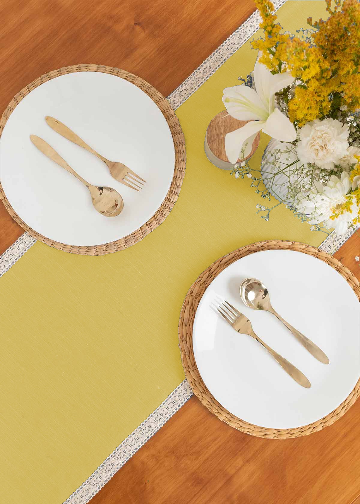 Solid Primrose yellow100% cotton plain table runner for 4 seater or 6 seater dining with lace boarder - Yellow