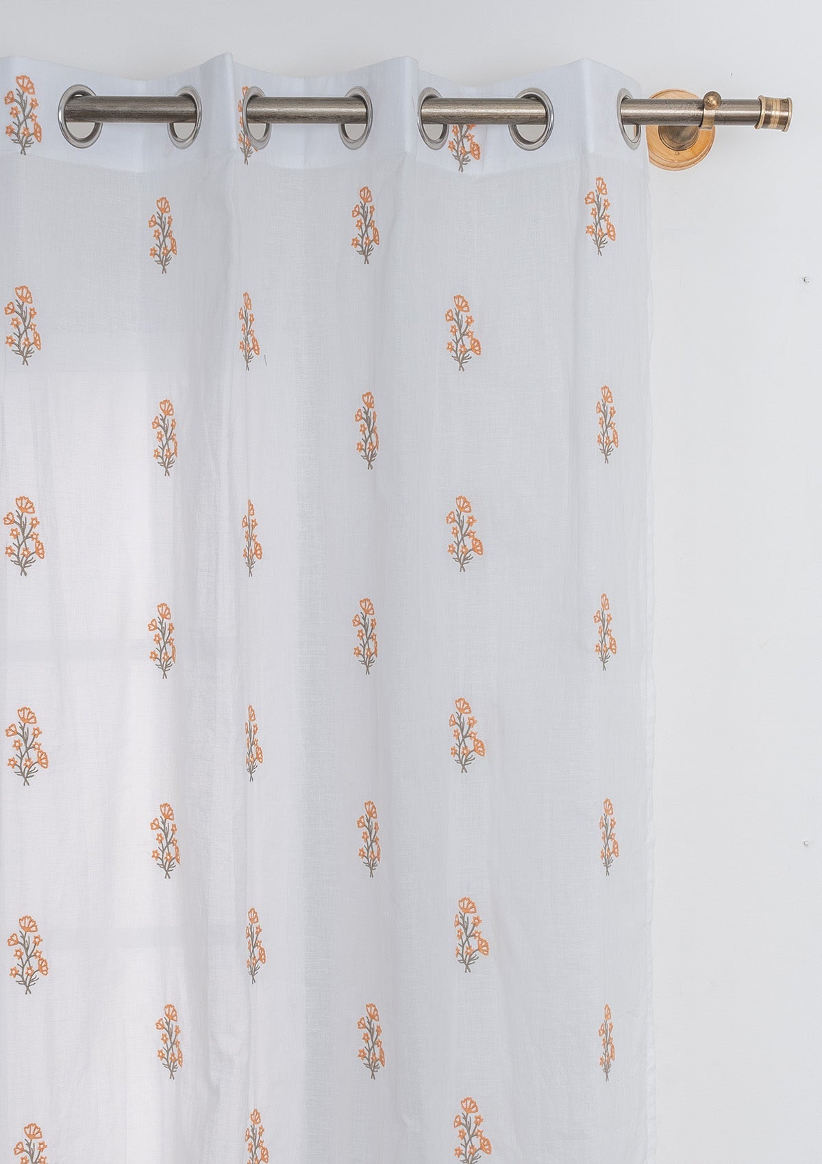 Spring Floral Embroidered 100% cotton sheer curtain for living room - Light filtering - Orange - Single Panel