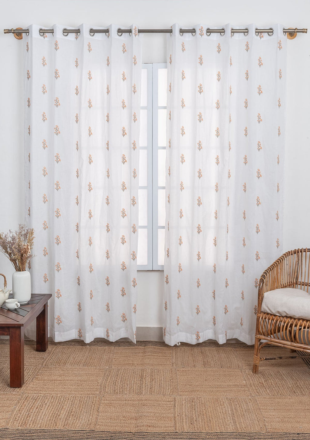 Spring Floral Embroidered 100% cotton sheer curtain for living room - Light filtering - Orange - Single Panel