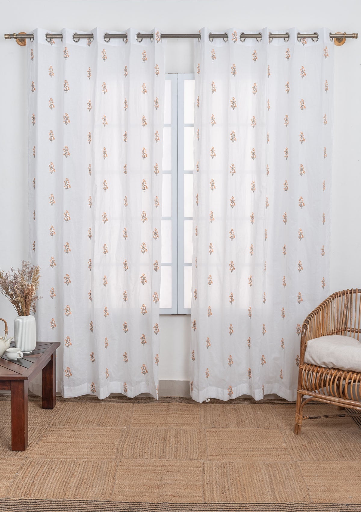 Spring 100% cotton embroidered floral sheer curtain for living room - Light filtering - Orange - Pack of 1