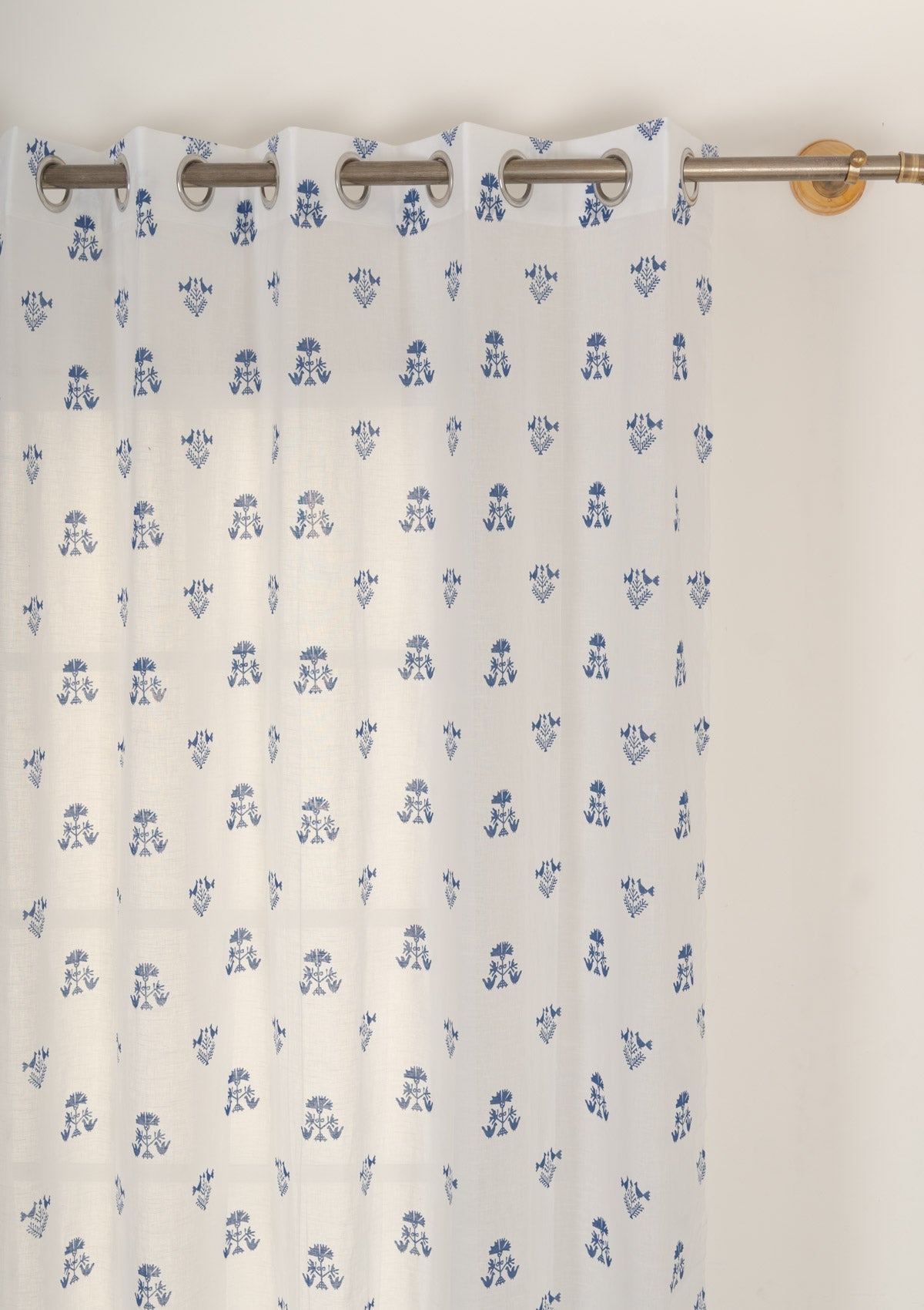 Sunbird floral printed 100% cotton sheer curtain for living room - Light filtering - Indigo - Single Panel