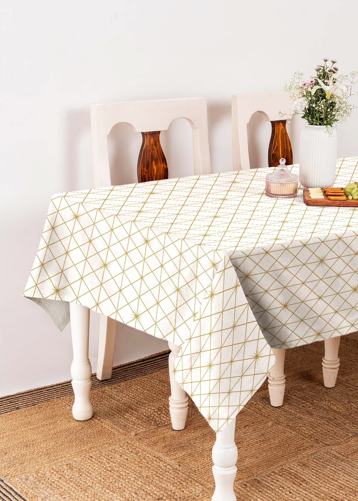 Stardust Printed  100% cotton neutral geometric table cloth for 4 seater or 6 seater dining