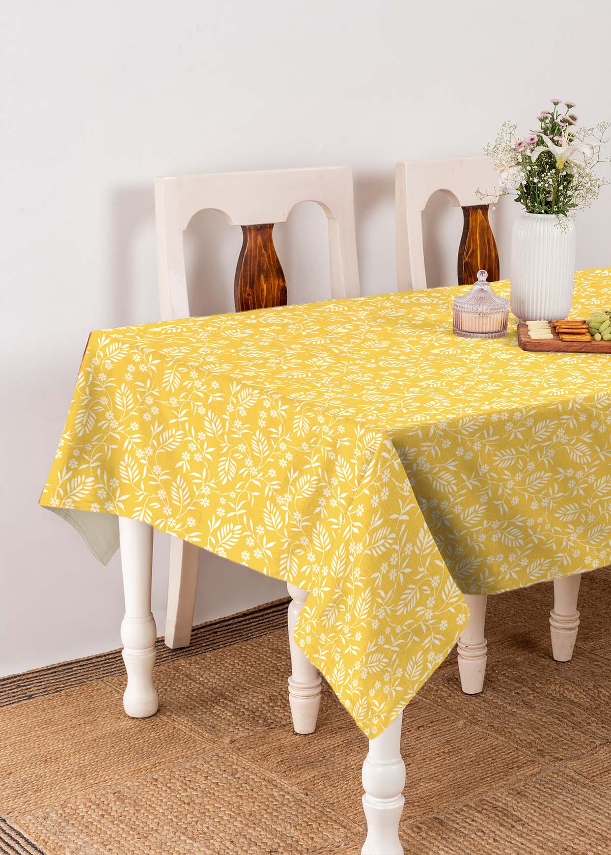 Daisy 100% cotton floral table runner for 4 seater or 6 seater Dining with tassels - Yellow