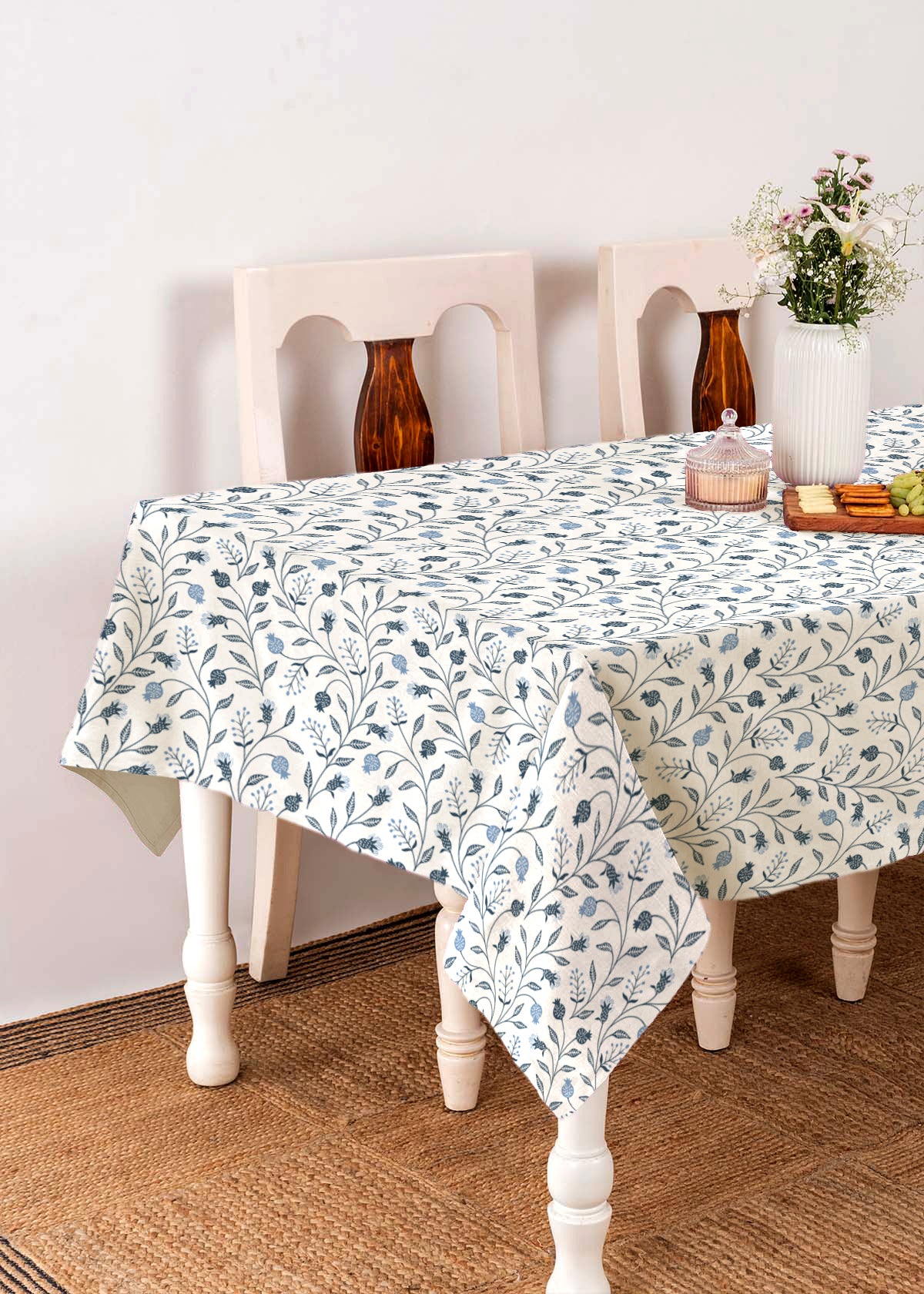 Blue Ruby  100% cotton floral table cloth for 4 seater or 6 seater dining - Blue