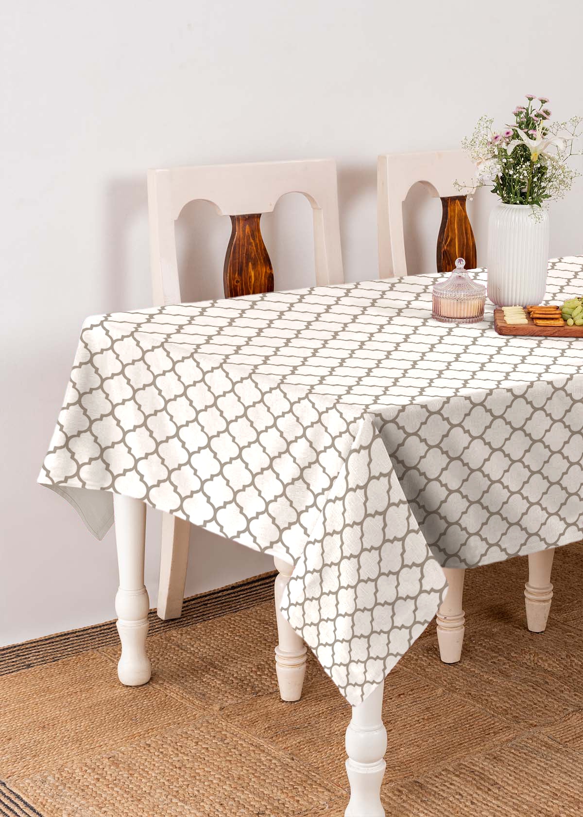 Trellis Walnut Grey Printed 100% cotton geometric table cloth for 4 seater or 6 seater dining