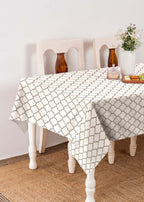 Trellis Walnut Grey Printed 100% cotton geometric table cloth for 4 seater or 6 seater dining
