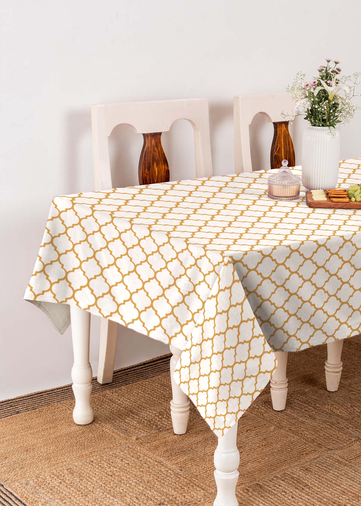 Trellis Mustard Printed 100% cotton geometric table cloth for 4 seater or 6 seater dining