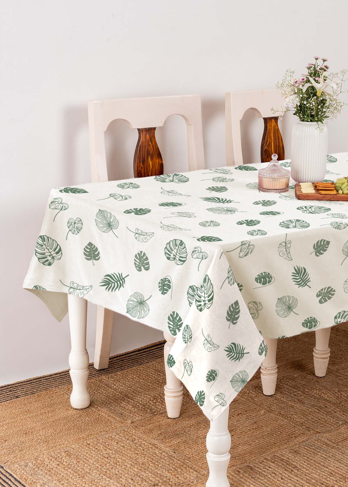 Monstera Printed 100% cotton floral table cloth for 4 seater or 6 seater dining - Green