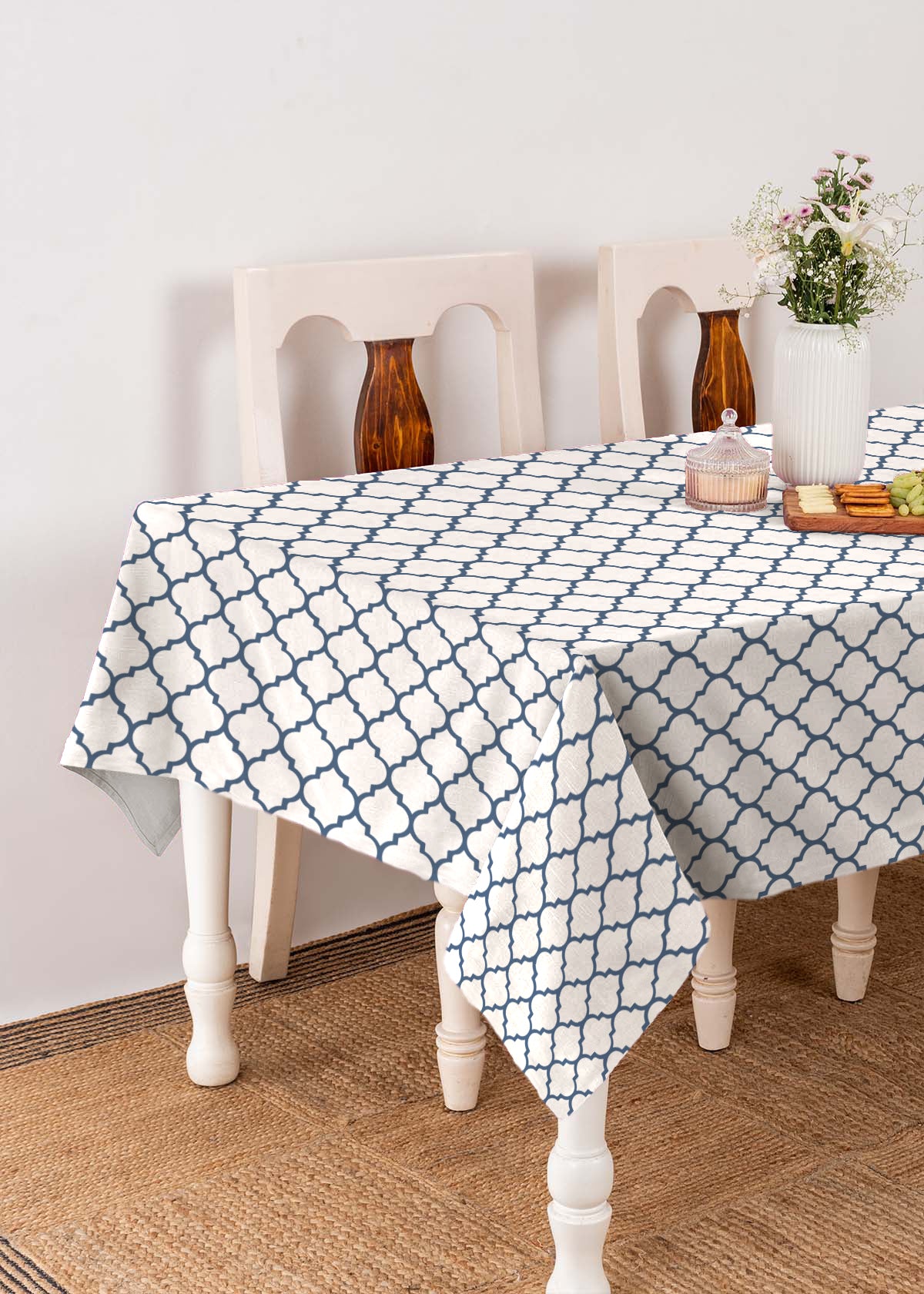 Trellis Royal Blue Trellis Printed 100% cotton geometric table cloth for 4 seater or 6 seater dining