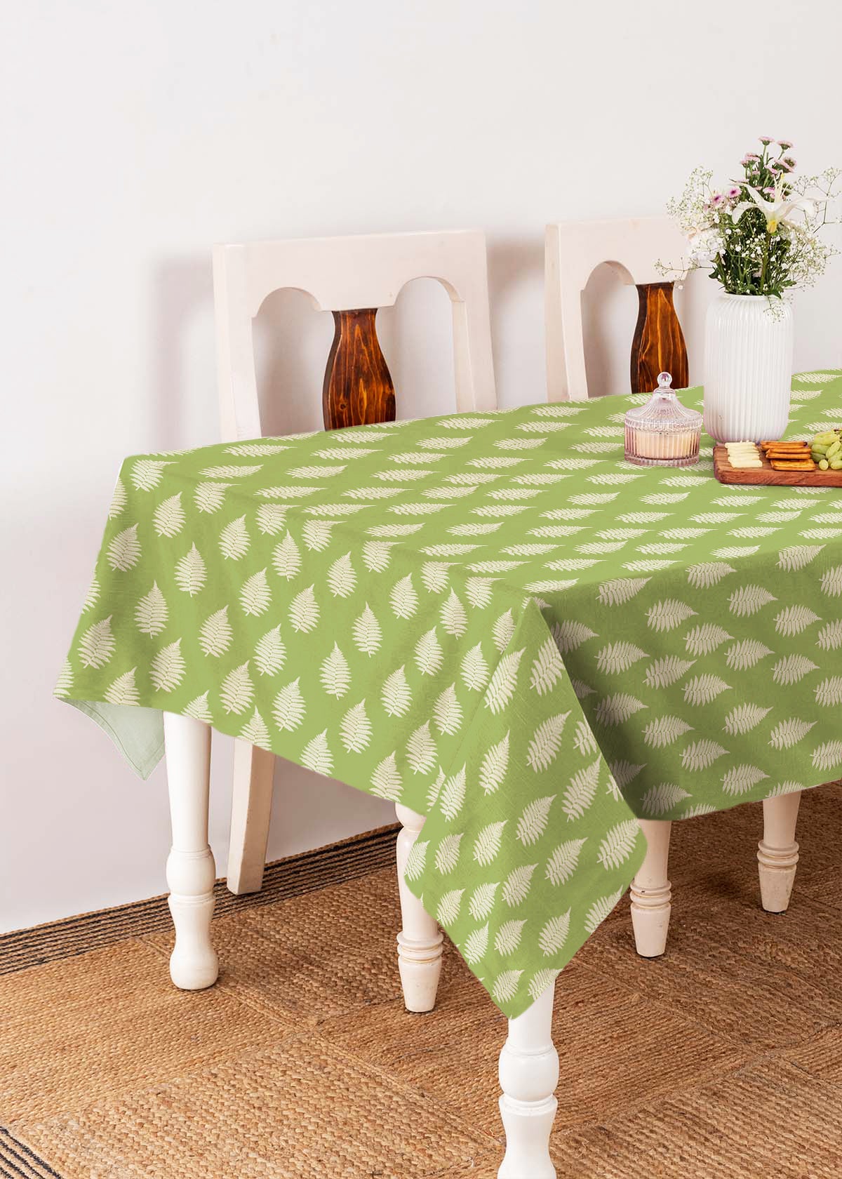 Ferns floral Printed 100% cotton table cloth for 4 seater, 6 seater, 8 seater for dining table - Green