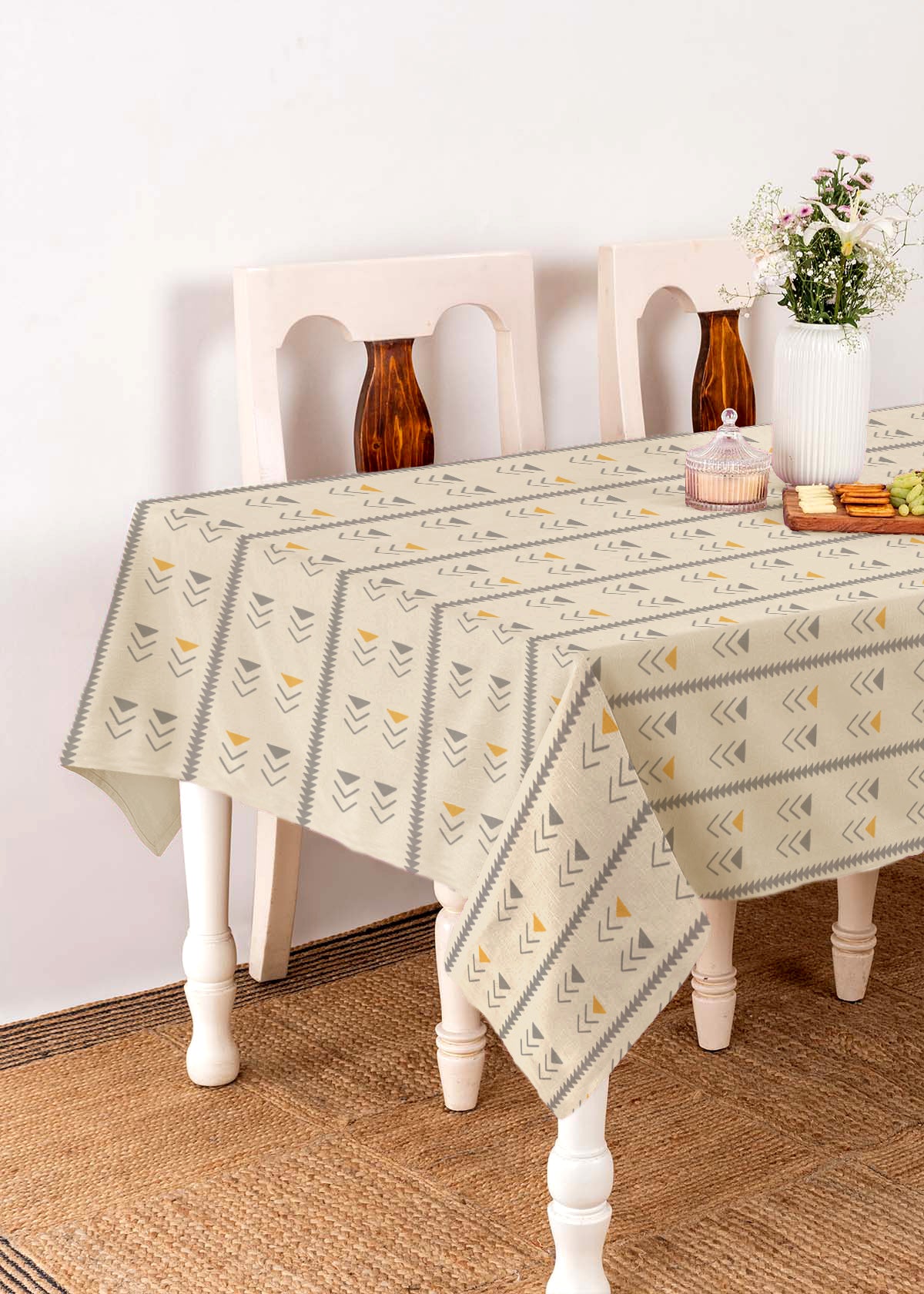 Mudline Printed  100% cotton geometric table cloth for 4 seater or 6 seater dining - Mustard