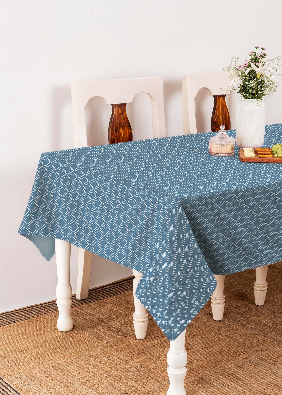Pergola geometric Printed 100% cotton table cloth for 4 seater, 6 seater, 8 seater for dining table - Nile Blue, Indigo