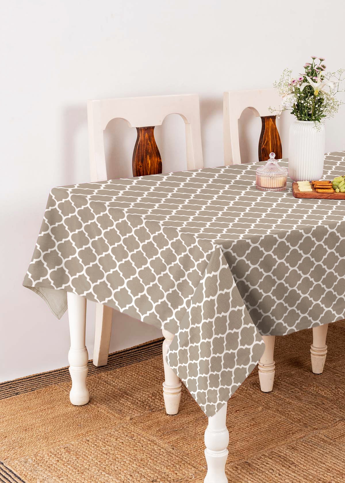 Reverse Trellis 100% cotton geometric table cloth for 4 seater or 6 seater dining - Walnut Grey