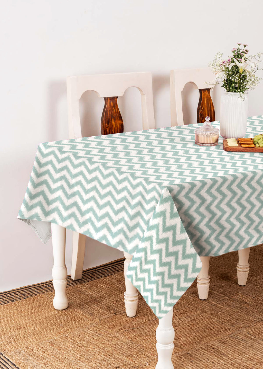 Ikat Chevron geometric prints 100% cotton table cloth for 4 seater, 6 seater, 8 seater for dining table - Grey, Nile Blue, Yellow