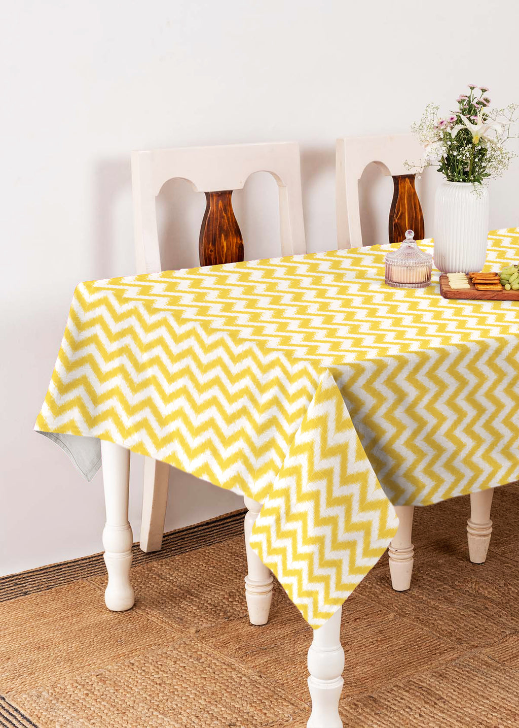 Ikat Chevron geometric prints 100% cotton table cloth for 4 seater, 6 seater, 8 seater for dining table - Grey, Nile Blue, Yellow